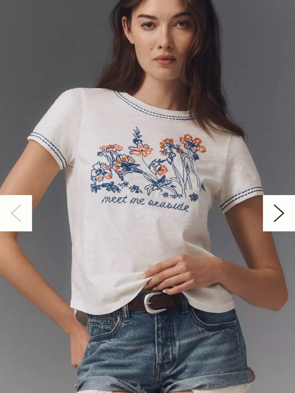 Pilcro Anthropologie Bennie Cotton Slim Embroidered Crew Neck Tee Shirt Size XXS